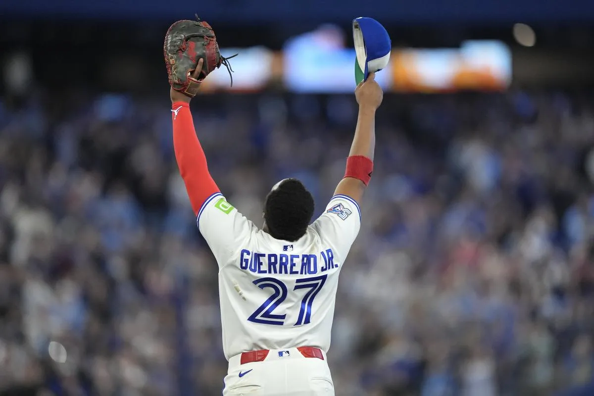 Toronto Blue Jays first baseman Vladimir Guerrero Jr. (27) celebrates a win over the Athletics at Rogers Centre
