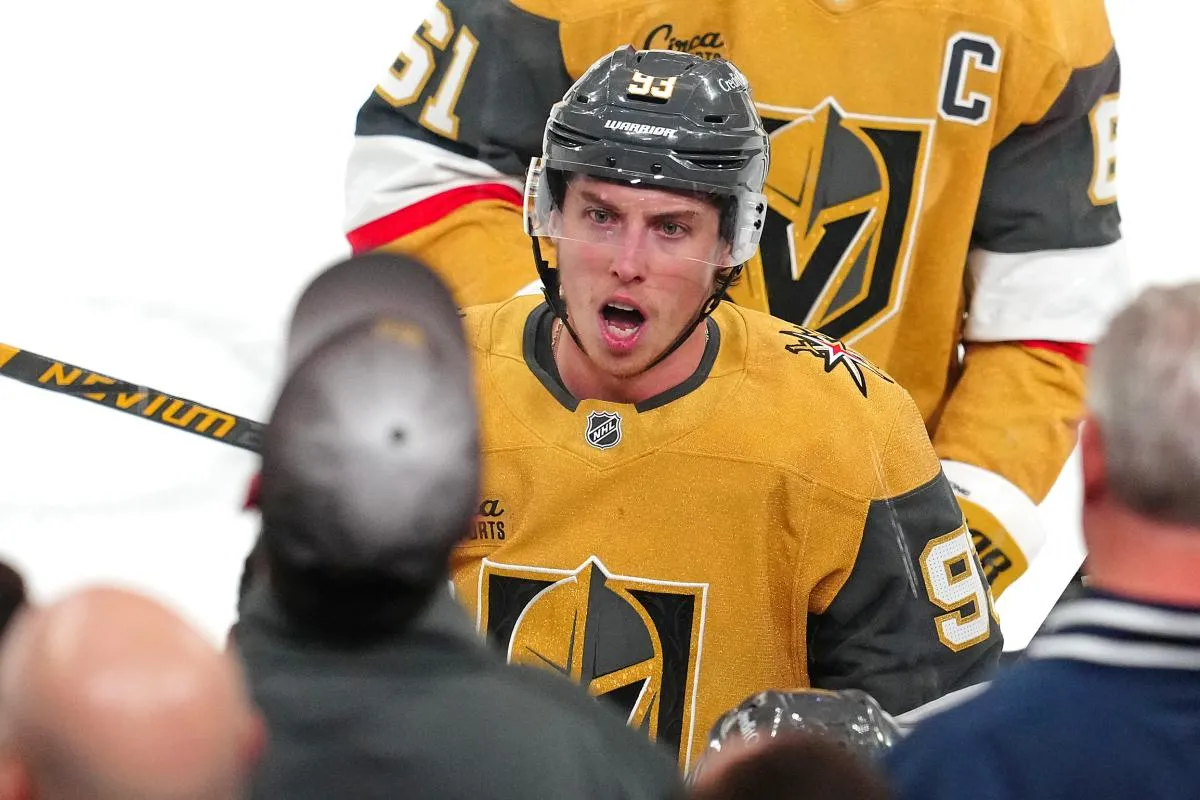 Vegas Golden Knights right wing Mitch Marner (93) shouts toward a team mate on the bench after scoring a goal against the Dallas Stars during the third period at T-Mobile Arena.