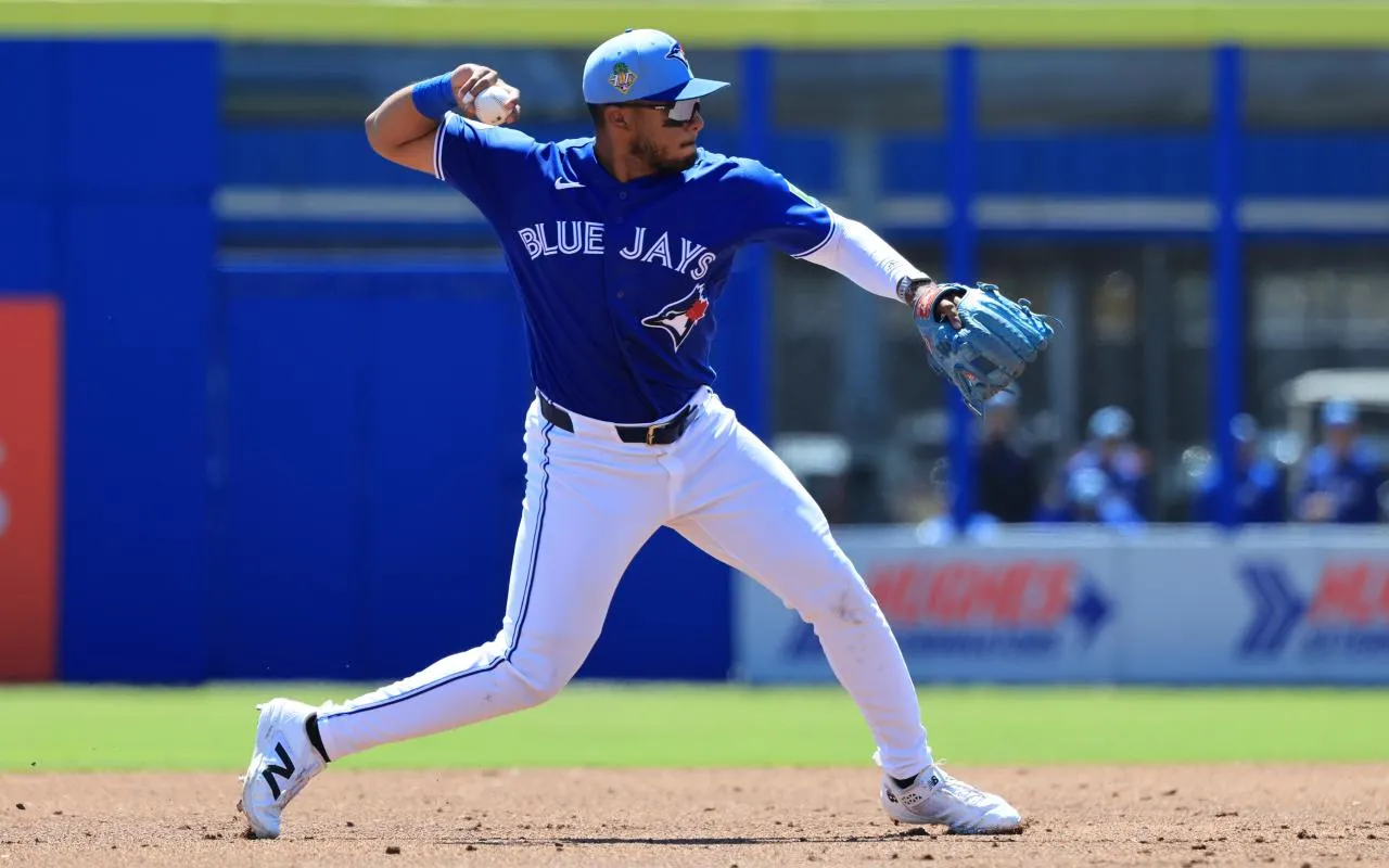 Toronto Blue Jays shortstop Leo Jimenez (49) throws the ball to first base for an out during the second inning against the Baltimore Orioles at TD Ballpark.