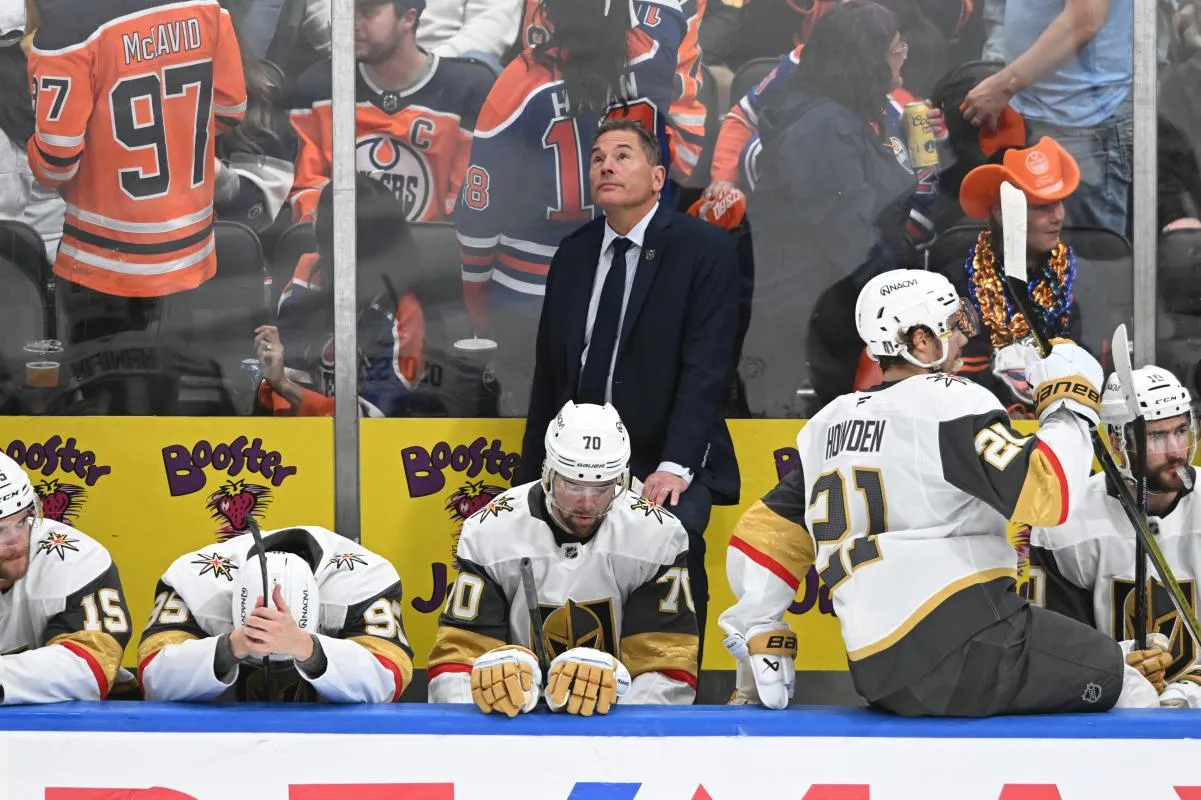 Vegas Golden Knights Head Coach Bruce Cassidy is seen on the players bench during the second period against the Vegas Golden Knights in game three of the second round of the 2025 Stanley Cup Playoffs at Rogers Place.