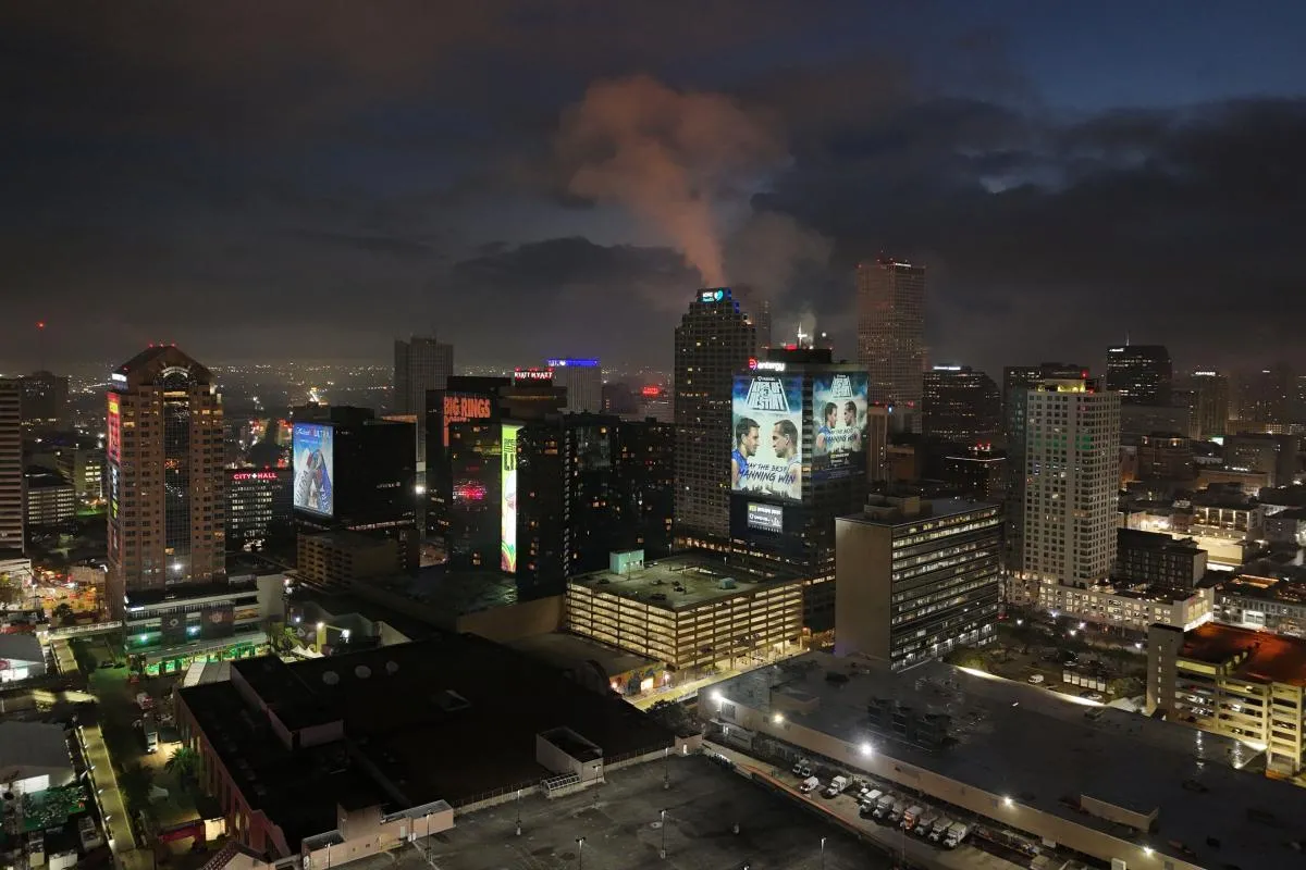 A general overall view of Super Bowl LIX signage along the downtown New Orleans skyline cityscape