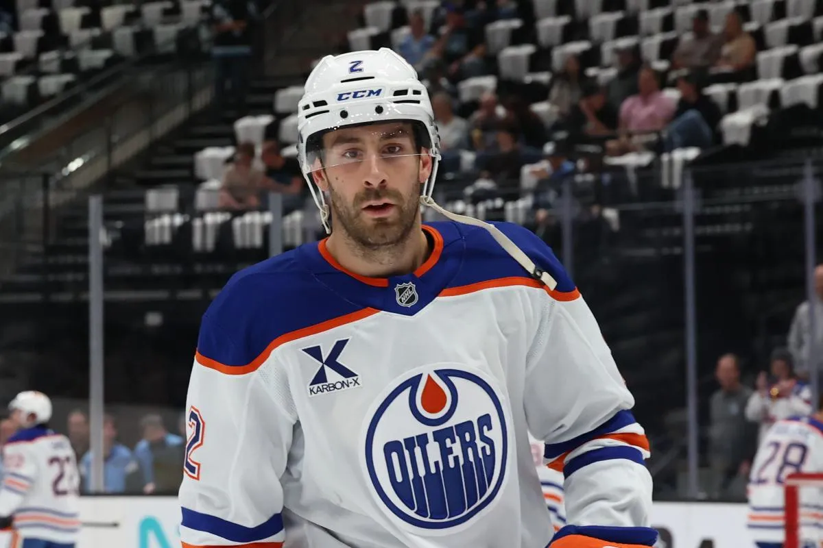 Edmonton Oilers defenseman Evan Bouchard (2) warms up before a game against the Utah Mammoth at Delta Center.