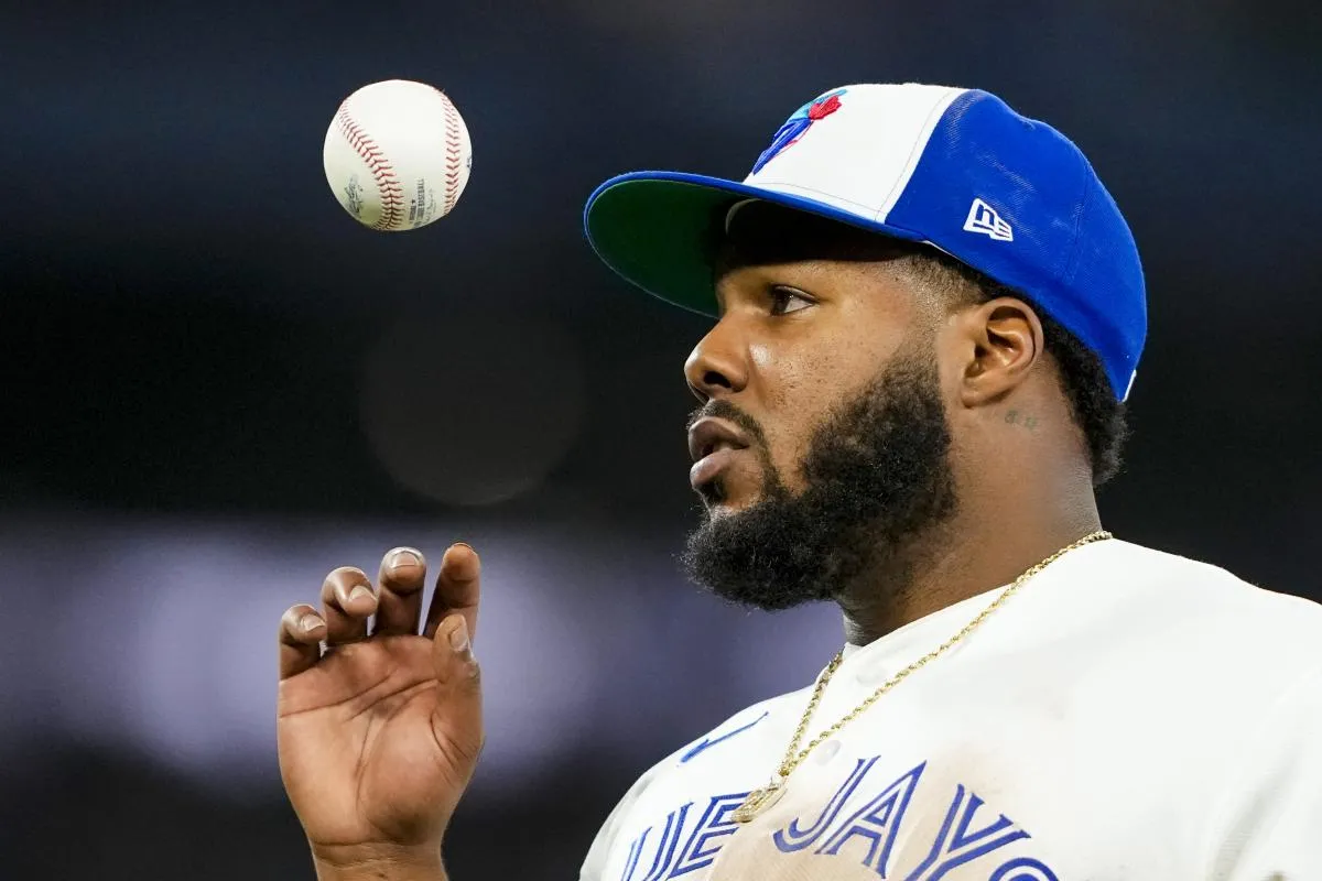 Toronto Blue Jays first baseman Vladimir Guerrero Jr. (27) looks on against the Athletics during the eighth inning at Rogers Centre.