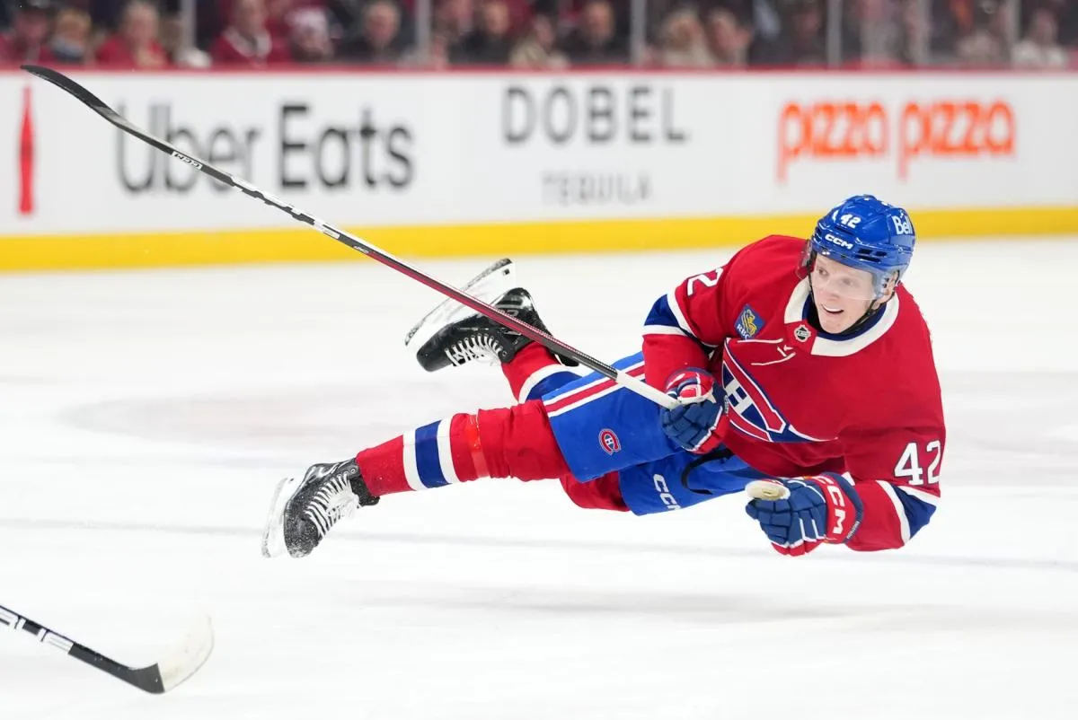 Montreal Canadians defenseman Adam Engstrom (42) takes a shot on net during the first period of the game against the Philadelphia Flyers at the Bell Centre.