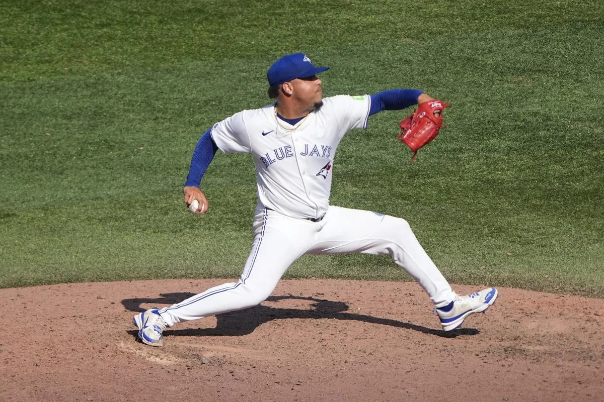 Toronto Blue Jays pitcher Lazaro Estrada (60) pitches to the Los Angeles Angels during the seventh inning at Rogers Centre.