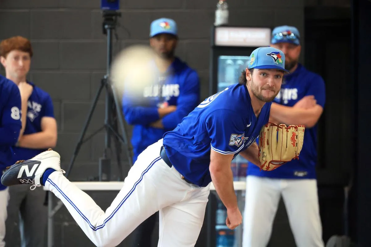 Toronto Blue Jays pitcher Trey Yesavage (39) throws a bullpen session for spring training practice at Blue Jays Player Development Complex.