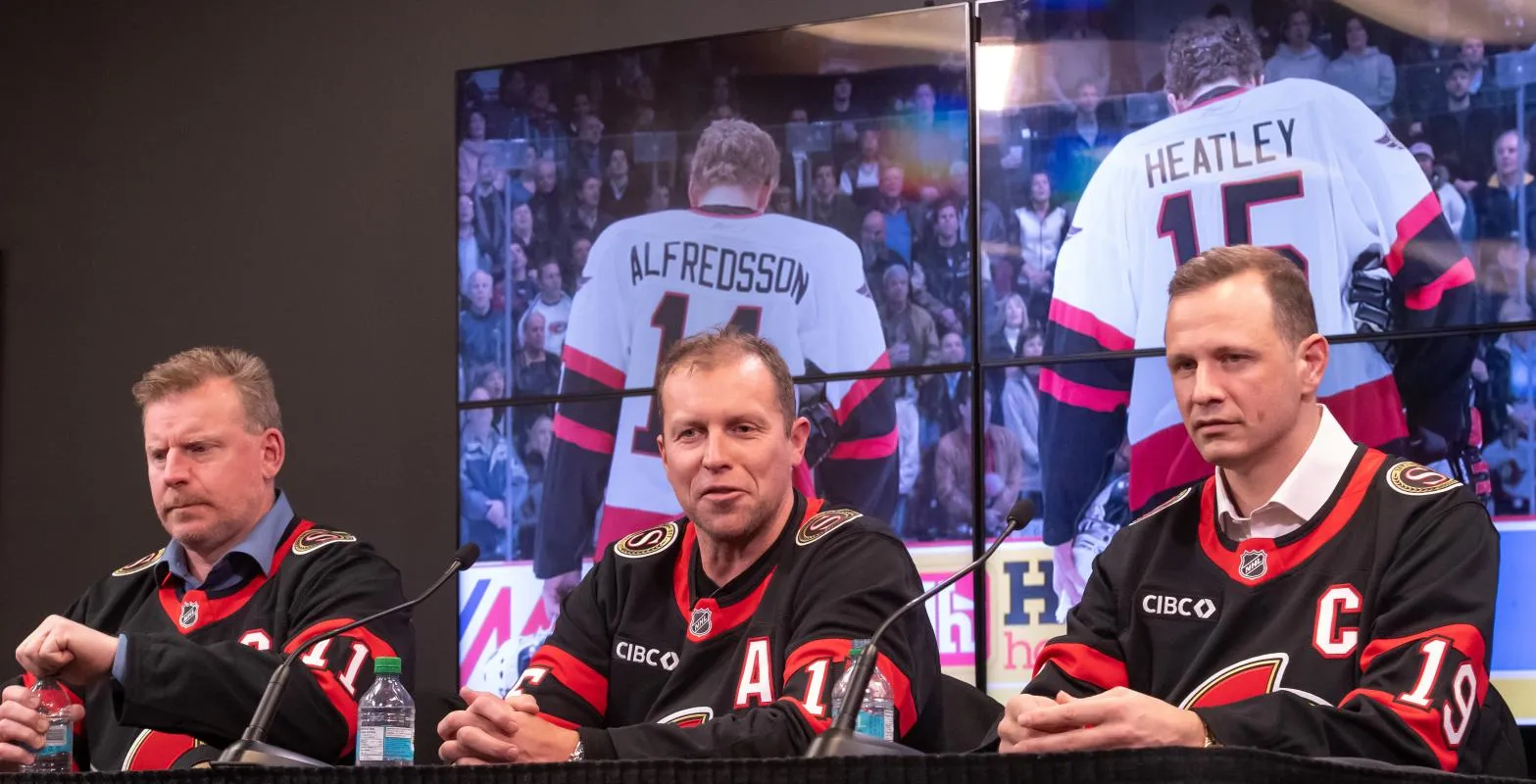Former Senators Daniel Alfredsson, Dany Heatley, and Jason Spezza, previously referred to as the Pizza Line speak to the media prior to game between the Detroit Red Wings and the Ottawa Senators at the Canadian Tire Centre.