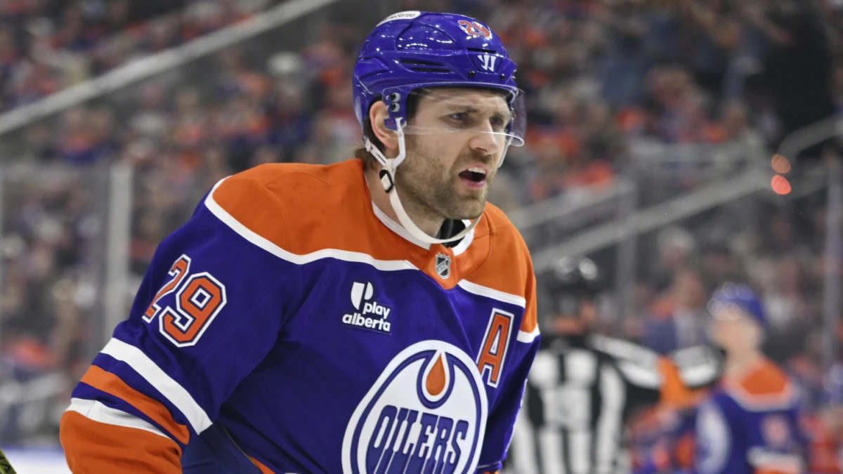 Edmonton Oilers center Leon Draisaitl (29) reacts against the Anaheim Ducks in game one of the first round of the 2026 Stanley Cup Playoffs during the first period at Rogers Place.