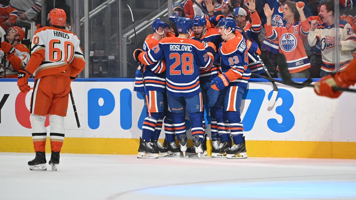Edmonton Oilers center Jack Roslovic (28), center Jason Dickinson (16) and center Ryan Nugent-Hopkins (93) celebrate a goal on the Anaheim Ducks in game one of the first round of the 2026 Stanley Cup Playoffs during the first period at Rogers Place.