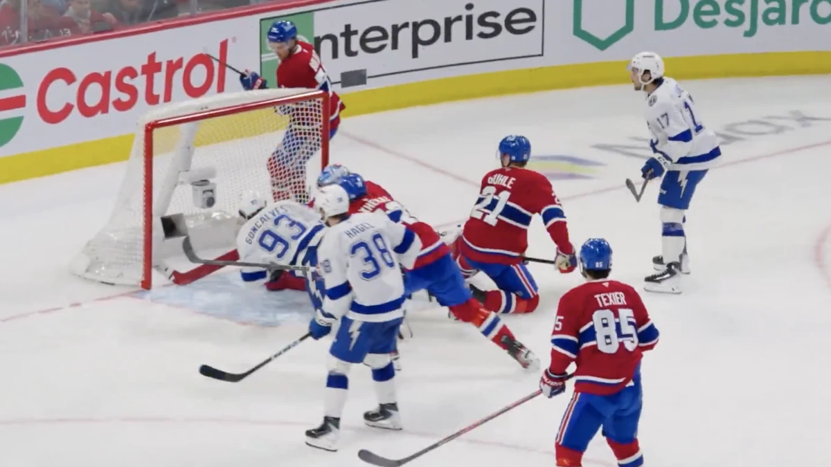 Photo of Tampa Bay Lightning scoring OT goal vs Montreal Canadiens in game 6 at the Bell Centre.