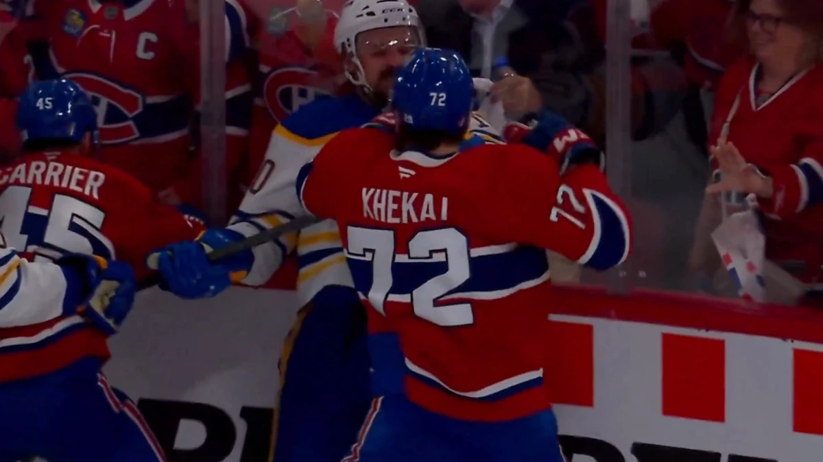 Sequence at the end of the game at the Bell Centre between the Montreal Canadiens and the Buffalo Sabres, notably involving Arber Xhekaj and Sam Carrick.