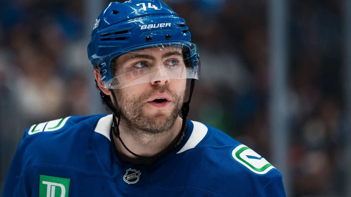 Vancouver Canucks forward Jake DeBrusk (74) during a stop in play against the Los Angeles Kings in the third period at Rogers Arena.