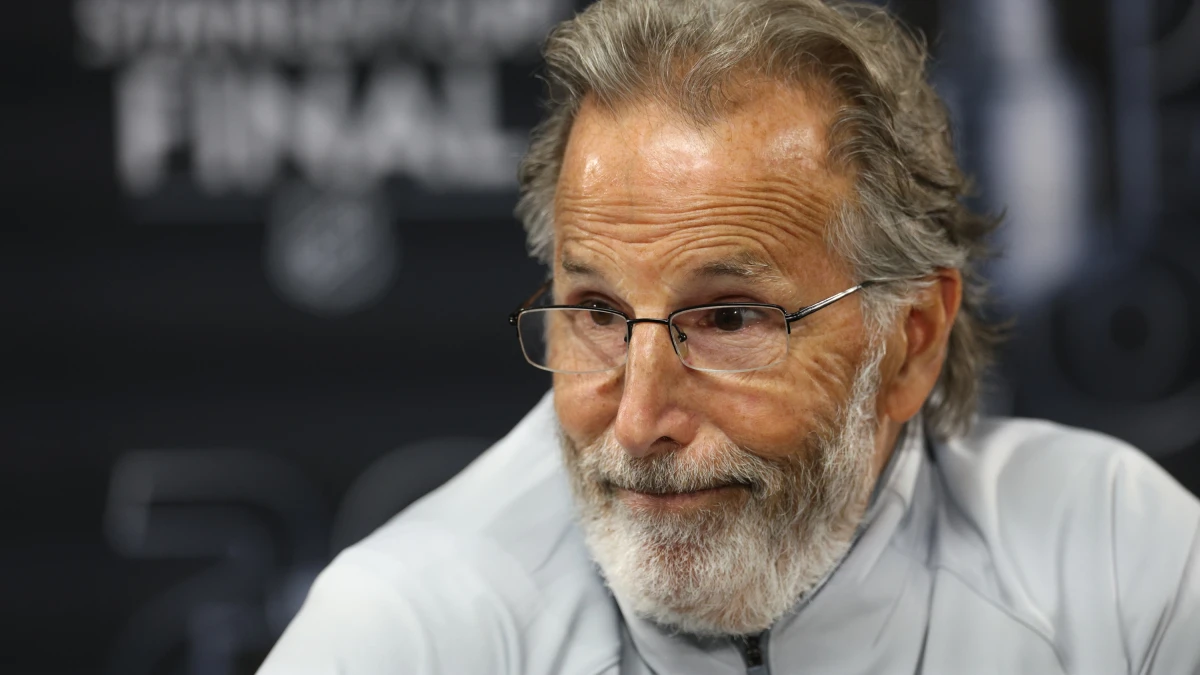 Vegas Golden Knights John Tortorella during the post game press conference after the loss to the Carolina Hurricanes in game two of the 2026 Stanley Cup Final at Lenovo Center.