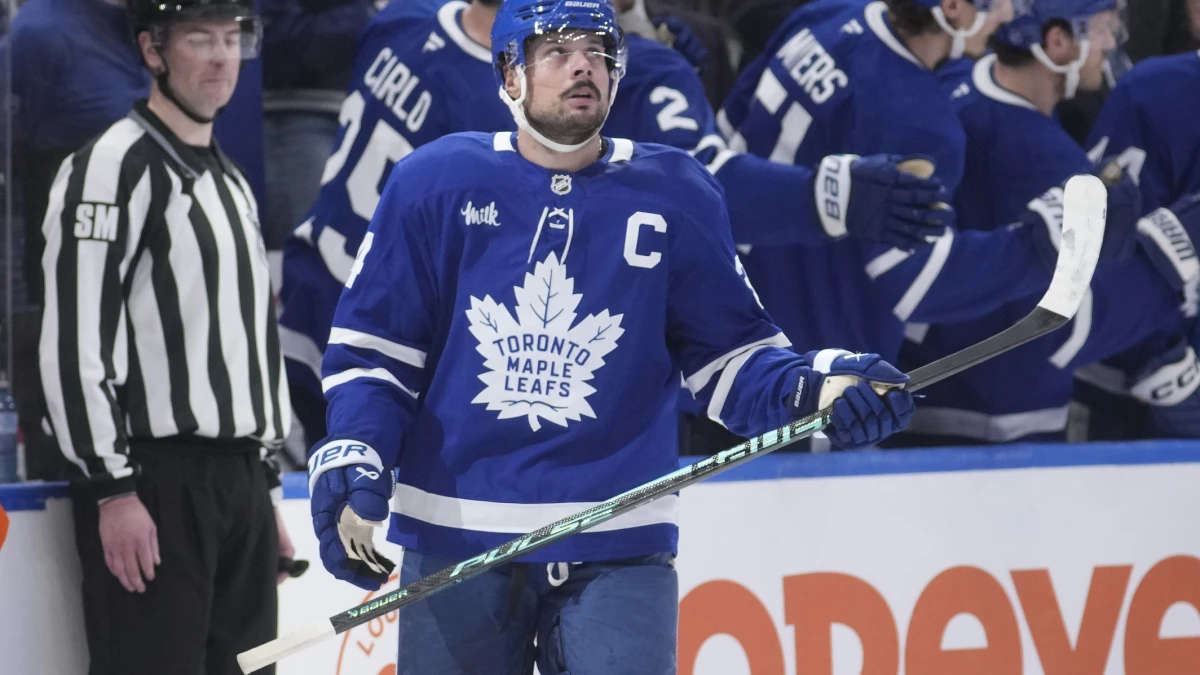 Toronto Maple Leafs forward Auston Matthews (34) looks up at the scoreboard after scoring against the Anaheim Ducks during the second period at Scotiabank Arena.