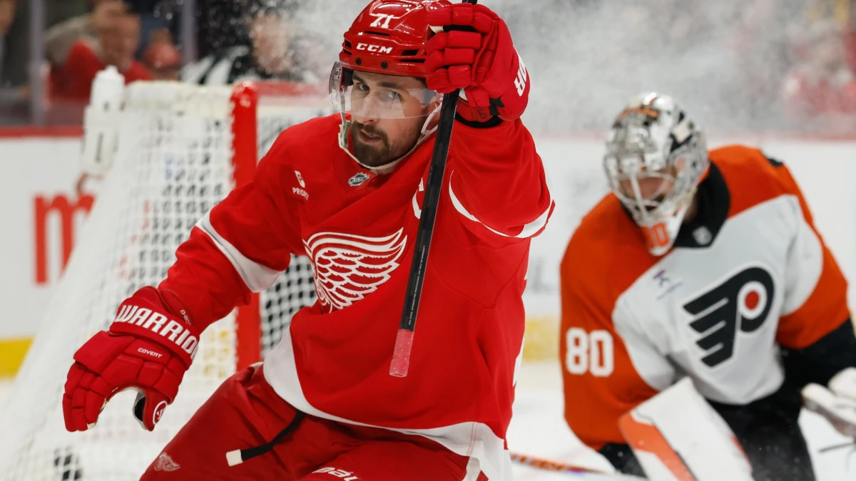Detroit Red Wings center Dylan Larkin (71) celebrates after scoring on Philadelphia Flyers goaltender Dan Vladar (80) in the second period at Little Caesars Arena.