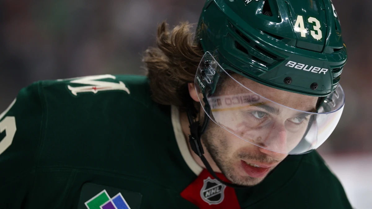 Minnesota Wild defenseman Quinn Hughes (43) looks on during the first period in game three of the first round of the 2026 Stanley Cup Playoffs against the Dallas Stars at Grand Casino Arena.