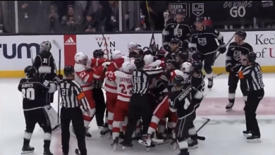 A line brawl breaks out between the Detroit Red Wings and LA Kings