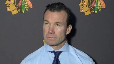 Chicago Blackhawks Head Coach addressing the media in Chicago after Connor Bedard's injury.