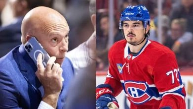 Kent Hughes au t&eacute;l&eacute;phone et Arber Xhekaj avec le Canadien de Montr&eacute;al