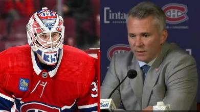 Samuel Montembeault avec le Canadien et Martin St-Louis en conf&eacute;rence de presse