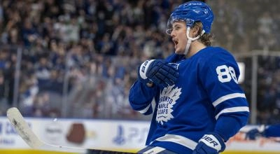 William Nylander of the Maple Leafs celebrates a huge score for Toronto.