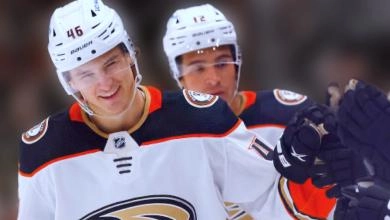 Anaheim's Trevor Zegras celebrates a goal with teammates.