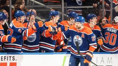 Leon Draisaitl of the Edmonton Oilers celebrates a huge goal.