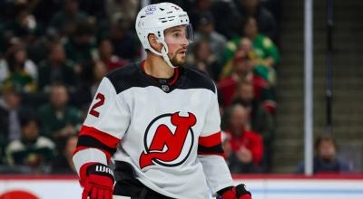 Brendan Smith playing an NHL game for the New Jersey Devils.