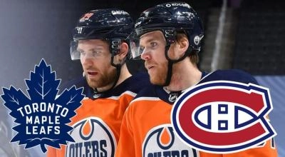 Connor McDavid and Leon Draisaitl of the Edmonton Oilers with the Toronto Maple Leafs and Montreal Canadiens logos.