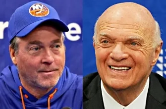 New York Islanders general manager Lou Lamoriello on the right and new Islander Head Coach Patrick Roy