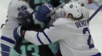 Leafs and Kraken players in a scrum