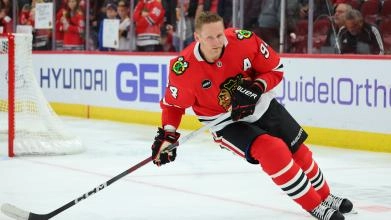 Corey Perry during warmups for the Chicago Blackhawks of the NHL.