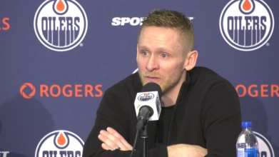 Corey Perry talks to the media for the first time as an Edmonton Oiler.