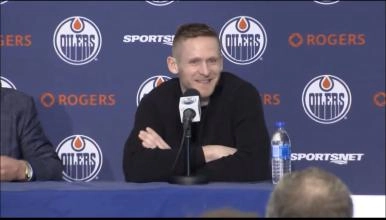 Corey Perry addressing the media in Edmonton for the first time since being released by the Chicago Blackhawks.