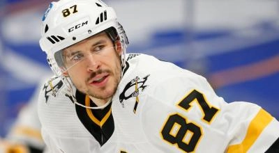Close up of Sidney Crosby, Captain of the Pittsburgh Penguins in the NHL, during a game.
