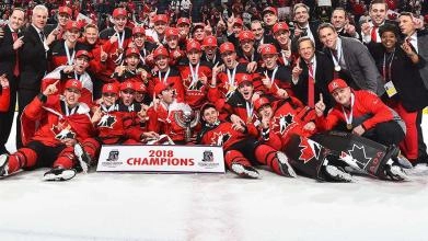 2018 Canadian World Junior Team celebrating a gold medal.