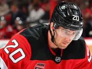New Jersey Devils forward Michael McLeod lined up for a faceoff. New Jersey Devils forward Michael McLeod lined up for a faceoff.