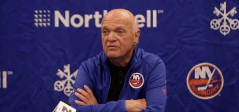 New York Islanders head coach Lou Lamoriello speaking to the media.