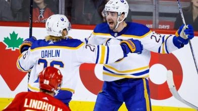 Buffalo Sabres defensemen Rasmus Dahlin and Mattias Samuelsson celebrating a goal.