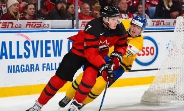 Cale Makar carrying a puck up ice during the 2018 World Junior Championships.