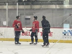 Chicago Blackhawks rookie Connor Bedard at practice post jaw surgery