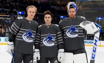 Former Canucks goalie Jacob Markstrom with his then All-Star teammates Elias Pettersson and Quinn Hughes.