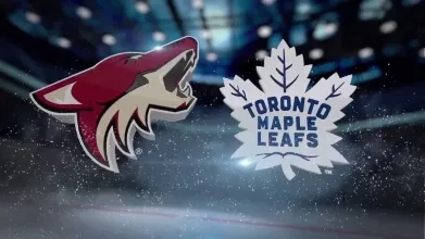 A graphic with the Arizona Coyotes logo and the Toronto Maple Leafs logo