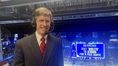 Bruins commentator Jack Edwards at the Amalie Arena in Tampa Bay.