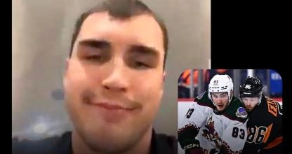 Adam Ruzicka in a video and on the ice against Joel Farabee in a game against the Philadelphia Flyers.