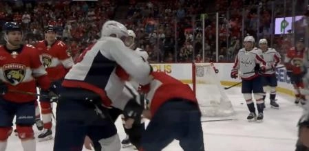 Washington Capitals forward Anthony Mantha in a fight with Florida Panthers forward Nick Cousins.