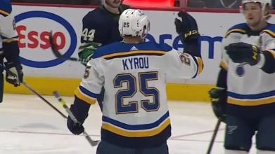 St. Louis Blues forward Jordan Kyrou celebrating a goal with his teammates