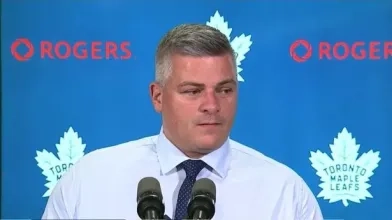 Toronto Maple Leafs head coach Sheldon Keefe speaking to the Toronto media.