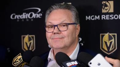 Vegas Golden Knights General Manager Kelly McCrimmon speaking to the media in Vegas.