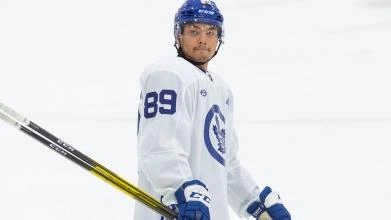 Toronto Maple Leafs forward Nick Robertson skating during a team practice
